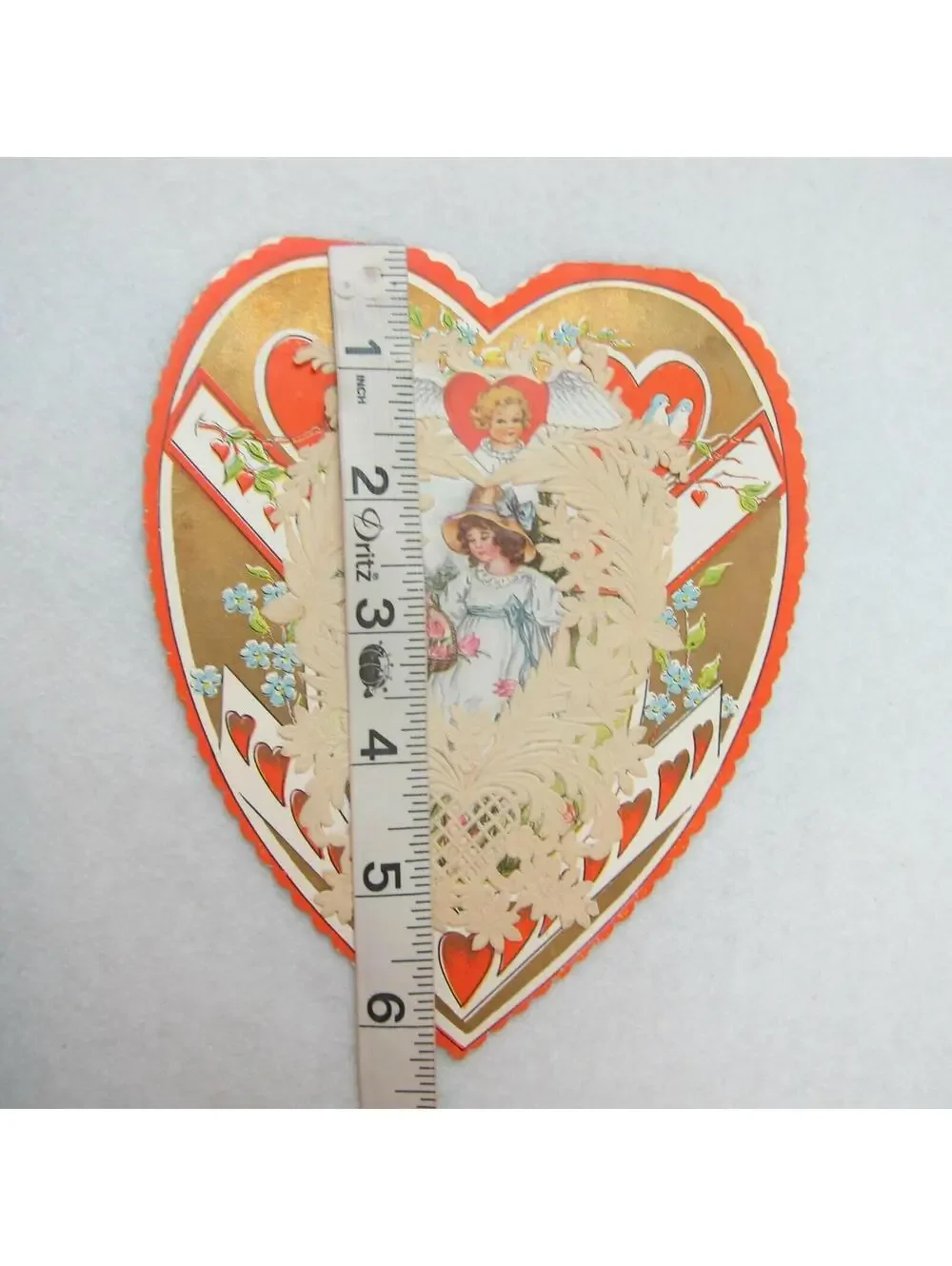 Vintage Valentine Card Whitney Made LARGE Heart Shape Red & Gold Girl in Bonnet